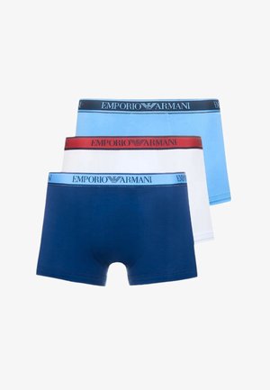 Three pairs of boxer briefs in blue, white, and navy. Each features an elastic waistband with the "Emporio Armani" logo in contrasting colors.