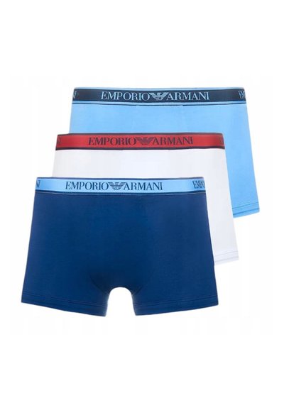 Three pairs of boxer briefs in blue, white, and navy. Each features an elastic waistband with the "Emporio Armani" logo in contrasting colors.