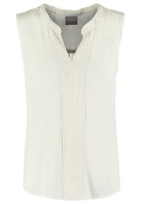 Blouse blanche sans manches avec un panneau vertical texturé à détails minutieux, un tissu doux légèrement brillant et une coupe décontractée.