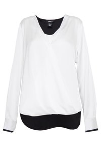 White long-sleeve wrap blouse with V-neck and black inner layer, featuring a slightly curved black hem and black cuffs.