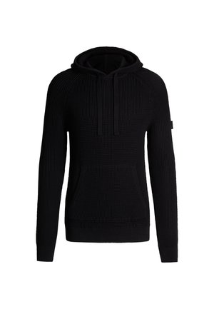 Haut à capuche en maille noire avec une surface texturée, des cordons de serrage au niveau du col, une poche frontale et des poignets en côtes. Le dos a une finition lisse.