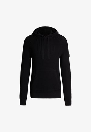 Zwarte gebreide hoodie met een textuur op het oppervlak, trekkoorden bij de halslijn, een voorzak en ribgebreide manchetten. De achterkant heeft een gladde afwerking.