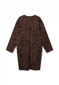 Braunes Leopardenmusterkleid mit langen Ärmeln, rundem Ausschnitt und lockerer Passform. Weiche Textur und knielanges Design.