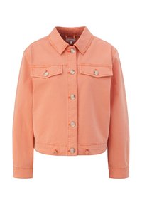 Veste corail clair à boutons avec col, deux poches poitrine à rabats boutonnés, manches longues et cordons réglables à l'ourlet.