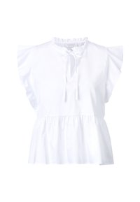 White blouse made of lightweight fabric, featuring ruffled sleeves, a tie neckline, and a gathered hem for a relaxed fit.