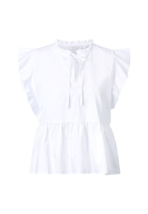 Blusa bianca realizzata in tessuto leggero, con maniche a volant, scollatura con fiocco e orlo arricciato per una vestibilità morbida.