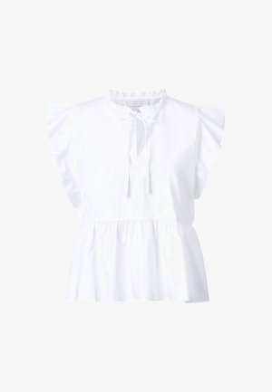 Weiße Bluse aus leichtem Stoff, mit Rüschensäumen, einer Schleifen-Nackenpartie und einem gerafften Saum für eine lässige Passform.
