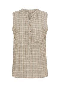 Ermeløs beige top med en mandarin-krave, knaplukning foran og brystlomme. Har et ternet mønster og tekstureret stof.