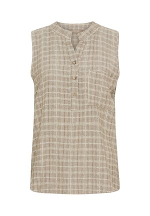 Ermeløs beige top med en mandarin-krave, knaplukning foran og brystlomme. Har et ternet mønster og tekstureret stof.