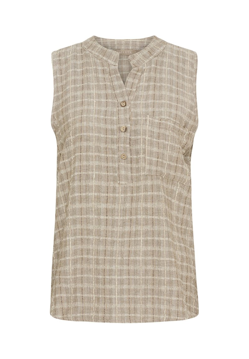 Ermeløs beige top med en mandarin-krave, knaplukning foran og brystlomme. Har et ternet mønster og tekstureret stof.