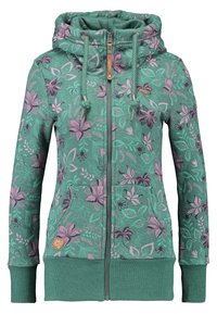 Felpa verde con zip e motivo floreale in viola e nero. Presenta un cappuccio, lacci, tasche e polsini e orlo a coste.