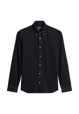 Schwarzes, langärmeliges Hemd aus Baumwolle mit Knöpfen. Verfügt über einen klassischen Kragen, eine vordere Knopfleiste mit hellen Knöpfen und geknöpfte Manschetten.