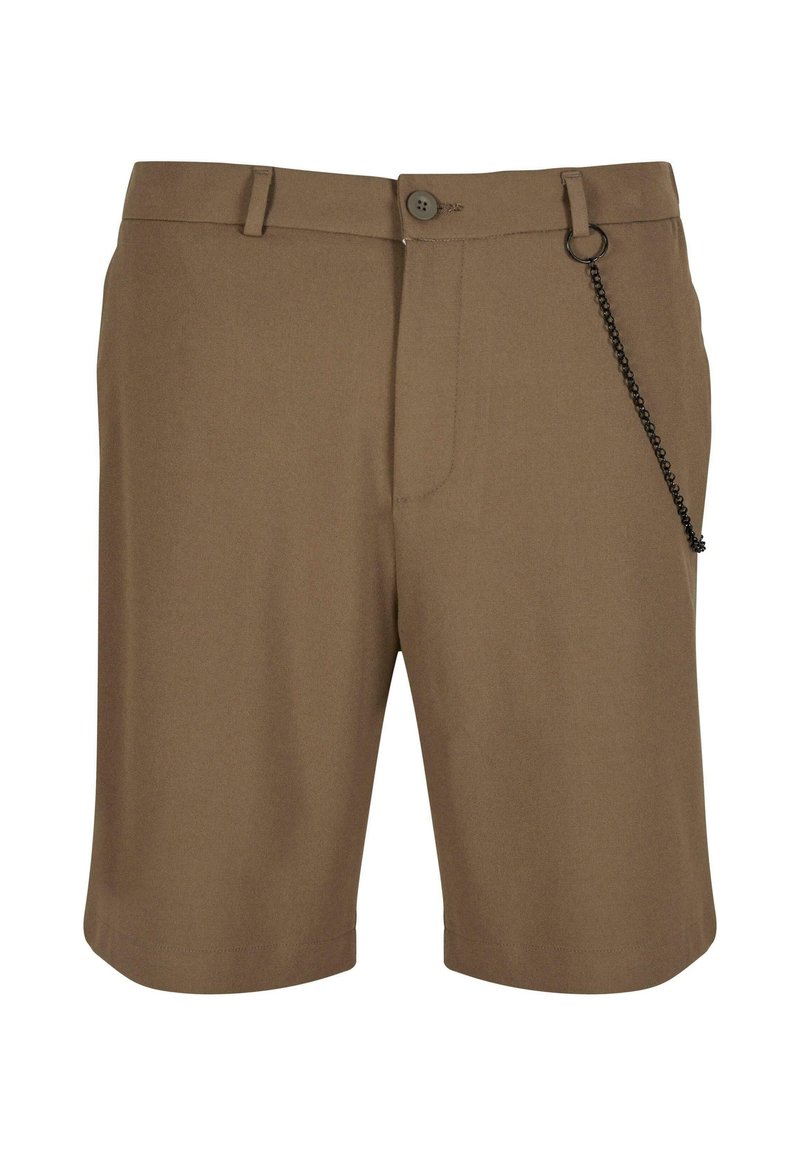 Pantaloni corti marroni realizzati in un tessuto liscio e intrecciato, con chiusura a un pulsante, passanti per cintura e un accento a catena sul lato sinistro.