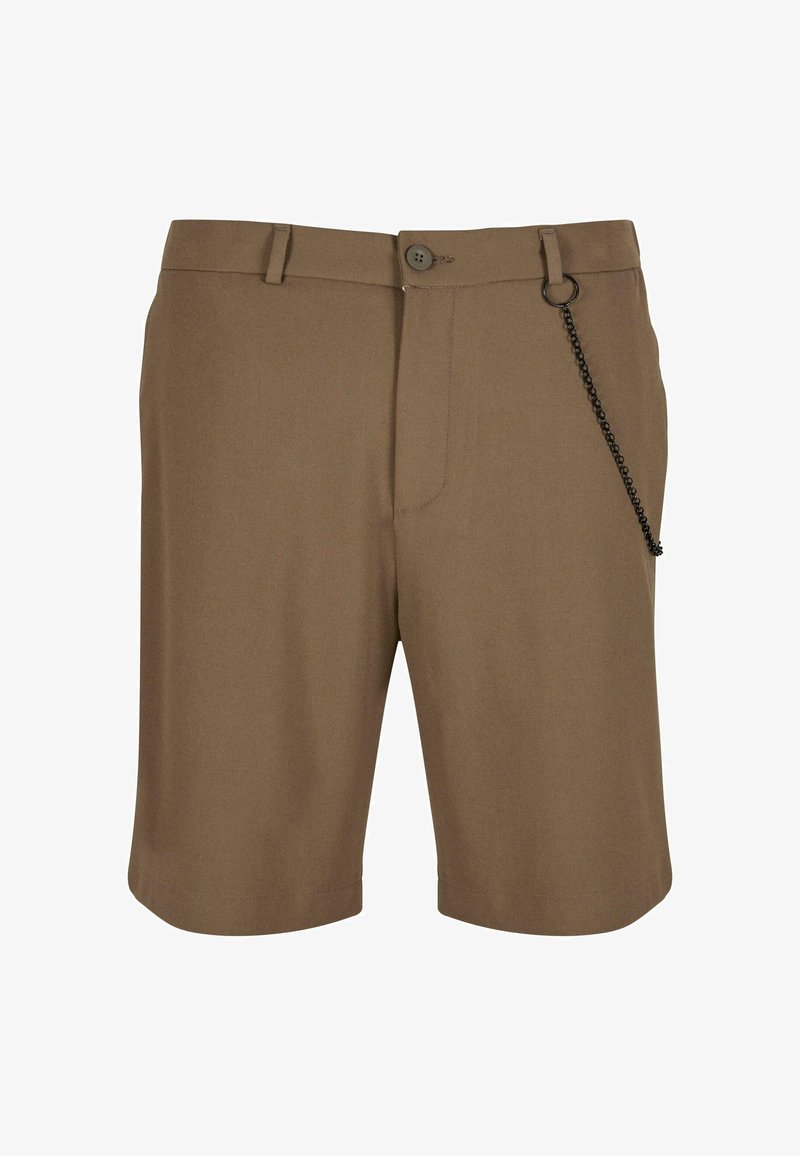 Hnědé šortky vyrobené z hladké tkaniny se zapínáním na jeden knoflík, poutky na opasek a řetízkem na levé straně.