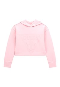 Hoodie corto rosa hecho de una tela suave, con un logo triangular texturizado que presenta las inscripciones "GUESS" y "WASHED JEANS". Hoodie con cordón ajustable.