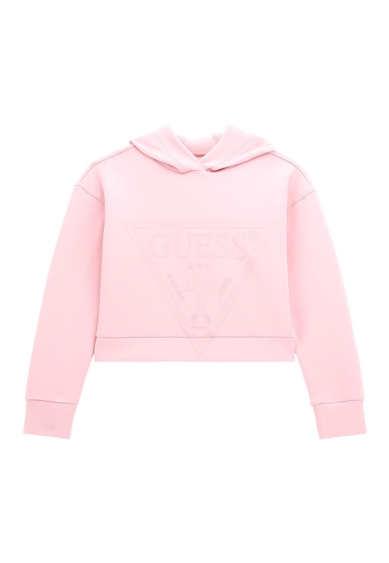 Hoodie corto rosa hecho de una tela suave, con un logo triangular texturizado que presenta las inscripciones "GUESS" y "WASHED JEANS". Hoodie con cordón ajustable.