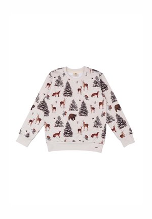 White sweatshirt with a crew neck, featuring an all-over print of deer, a bear, foxes, and pine trees in earthy tones. Cotton material.