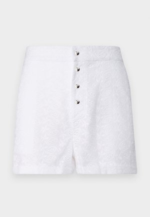 Hvite shorts med brodert blomstermønster, som har fem sølvknapper foran. Glatt tekstur og skreddersydd passform.