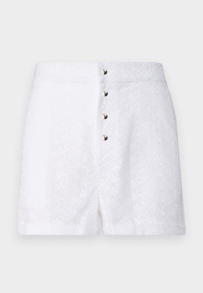 White shorts with embroidered floral pattern, featuring five silver buttons on the front. Smooth texture and tailored fit.