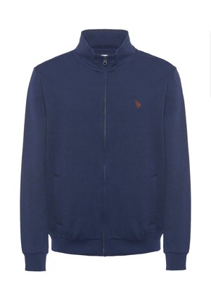 Felpa con zip di colore blu navy, con colletto alto, polsini a costine e un piccolo logo rosso sul lato sinistro del petto. Realizzata in un tessuto testurizzato.
