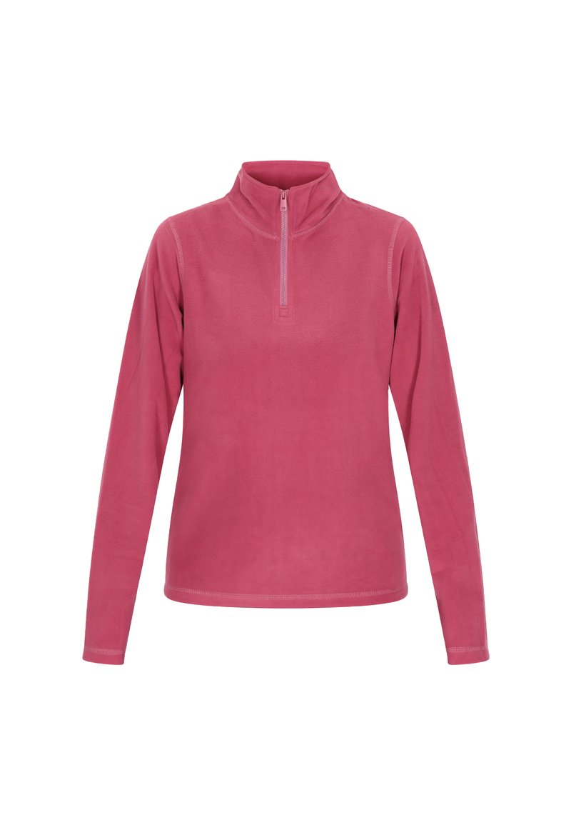 Fleece pullover in het roze met een hoge hals en een half-rits ontwerp. Het heeft lange mouwen en een gladde textuur zonder patronen of versieringen.