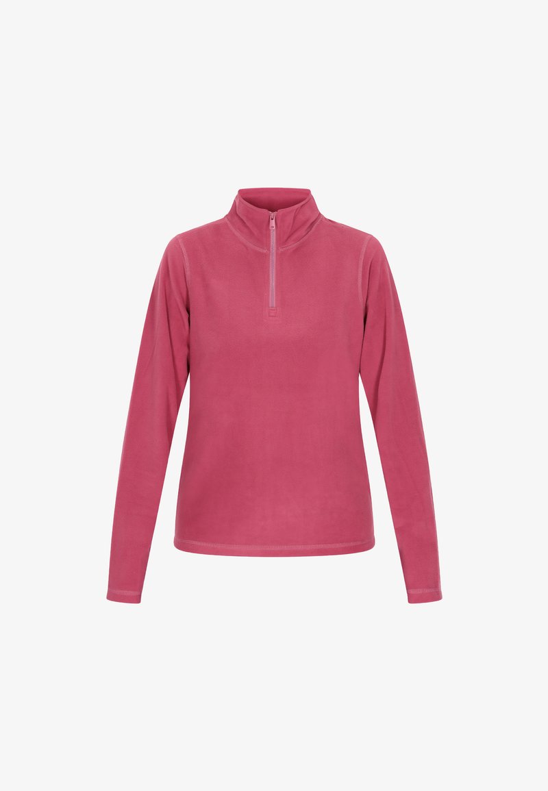 Rózsaszín polár pulóver magas nyakkal és félig cipzárral. Hosszú ujjú, sima tapintású, minták és díszítések nélkül.