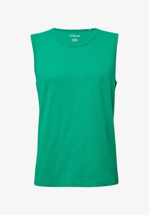 Grünes ärmelloses T-Shirt mit Rundhalsausschnitt, aus weichem, strukturiertem Stoff. Verfügt über ein kleines Logo auf der Brust und einen sauberen Saum.