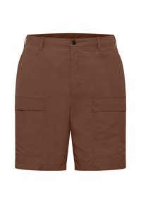 Bruine cargoshorts met een vlakke voorkant, twee zijzakken en een gladde textuur. Eenvoudig ontwerp, knielengte, gemaakt van lichtgewicht materiaal.