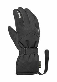 Zwarte geïsoleerde handschoen met een gestructureerde buitenkant, verstelbare polsband en versterkte naden. Bevat een Gore-Tex label voor waterdichtheid.