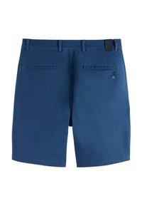 Marineblå shorts lavet af bomuldsblanding, med to baglommer og et diskret mærke på linningen. Glat tekstur.