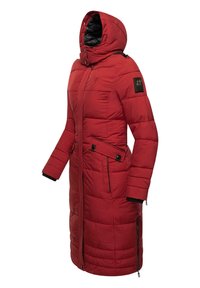 Red padded winter coat with a high collar and hood. Features zippered side pockets, button accents, and elastic cuffs. Quilted texture throughout.