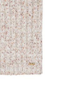 Strikket tørklæde i creme med indslag af orange og rødt, prydet med lodret ribstruktur og et lille guldlogo.