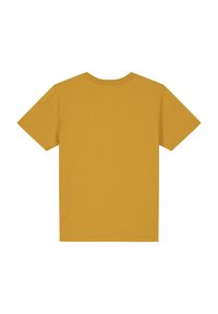 T-shirt à manches courtes jaune moutarde avec un col rond, fabriqué en tissu doux, présentant un design uni sans motifs ni accents.