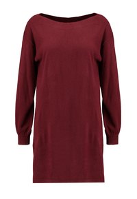 Abito maglioncino bordeaux con scollo ampio, maniche lunghe a palloncino, polsini a coste e una texture morbida in knit. Cade appena sopra le ginocchia.