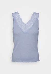 Light blue sleeveless top with a V-neck and scalloped hem; features delicate lace accents at the neckline and a ribbed texture.