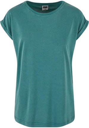 Teal kortärmad t-shirt gjord av mjukt tyg med rund hals och uppvikta ärmar. Slät textur och avslappnad passform med rak nederkant.