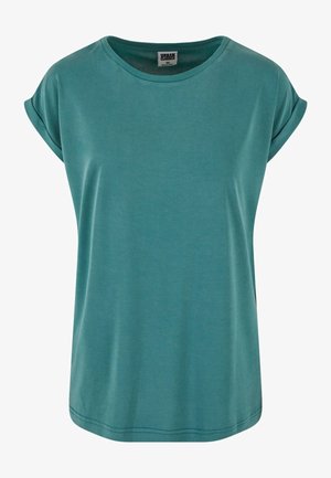 Teal kortermet t-skjorte laget av myk stoff med rund hals og rullede ermer. Glatt tekstur og avslappet passform med rett kant.