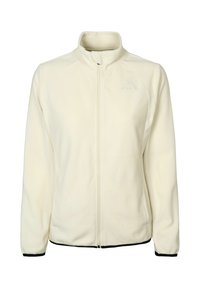 Kreemi fleece takki, jossa on korkea kaulus, vetoketju edessä ja mustat reunat helmassa ja hihansuissa. Huomaamaton logo rinnassa.