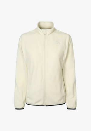 Giacca in pile crema con colletto alto, chiusura a zip frontale e finiture nere all'orlo e ai polsini. Logo discreto sul petto.