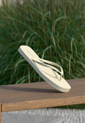 O singură papucă flip-flop bej cu bretele subțiri echilibrată pe muchie pe o bancă de lemn, cu iarbă verde înaltă în fundal.