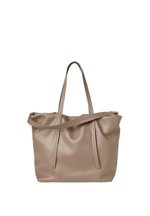 Taupe soft leather tote bag with two long handles and a detachable shoulder strap on a white background.