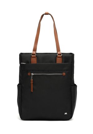 Black tote bag with brown leather handles, front zip pocket, side pockets, and small white logo on lower right corner.
