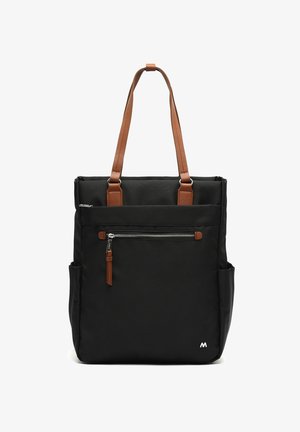 Sac cabas noir avec poignées en cuir marron, poche zippée à l'avant, poches latérales et petit logo blanc en bas à droite.