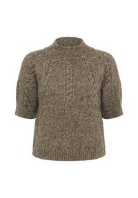 Brun kortærmet strikket sweater med kabelmønstre og ribbet høj hals og kant, præsenteret på en hvid baggrund.