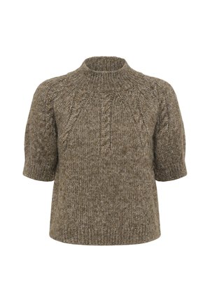 Brun kortærmet strikket sweater med kabelmønstre og ribbet høj hals og kant, præsenteret på en hvid baggrund.