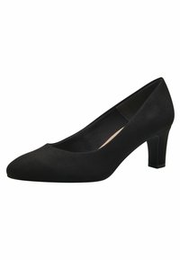 Sorte semsket pumps med rund tå og en moderat blokkhel. Designet har en glatt tekstur og en klassisk silhuett.