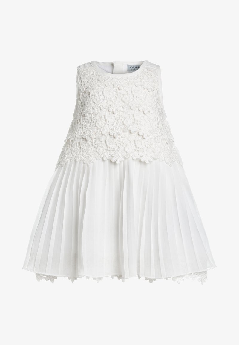Robe blanche sans manches pour bébé avec corsage en dentelle florale et jupe plissée, dotée d'une fermeture éclair arrière.