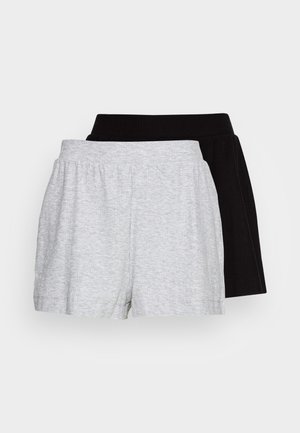 Deux paires de shorts : une grise et une noire. Les deux sont en tissu doux et texturé avec des ceintures élastiques et des détails plissés.