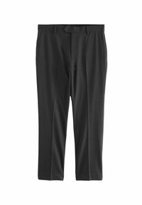 Pantalons noirs ajustés en tissu lisse, dotés d'une fermeture à bouton, de poches avant et d'une coupe droite. Pas de motifs visibles.