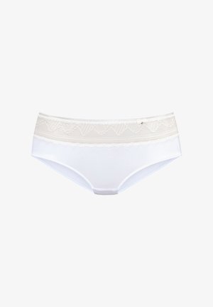 Braga de bikini blanca de algodón con una cinturilla de encaje en color crema, que presenta un borde con forma de concha y un pequeño lazo en la parte frontal.